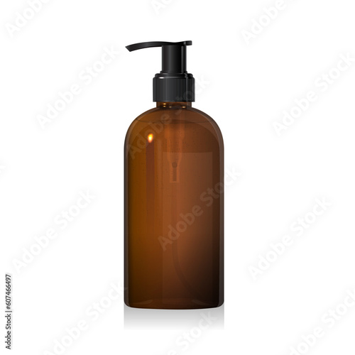 Clear brown glass bottle with black pump with liquid inside isolated on white background. Dark amber plastic packaging. Shampoo, sanitizer, soap dispenser. 3d vector cosmetic bottle mockup template
