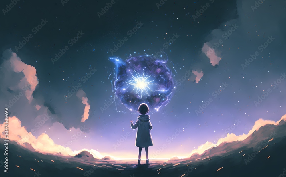 A young girl standing during the day reaching out to grab a star in the night dimension, digital art style, illustration painting, Generative AI
