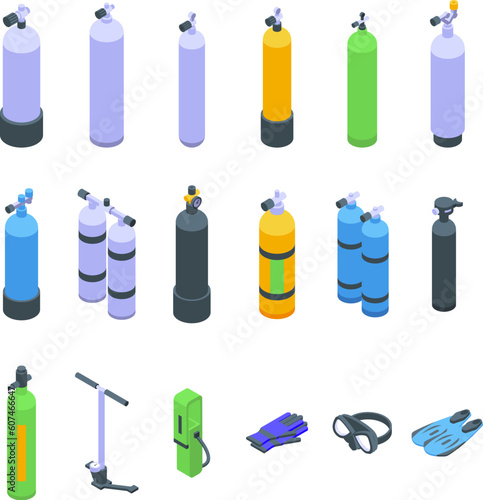 Diving cylinders icons set isometric vector. Bottle gas. Water oxygen