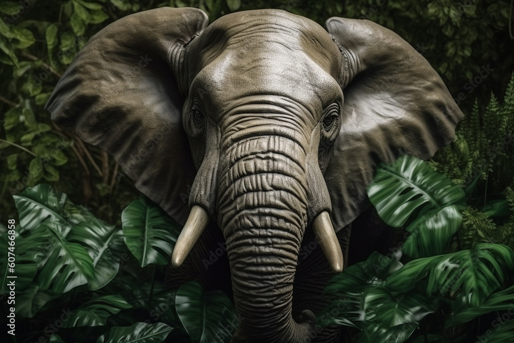Elephant head portrait seen trough jungle trees and lush leaves. Generative AI Elephant head portrait seen trough jungle trees and lush leaves. Generative AI