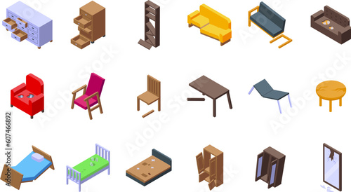 Broken furniture icons set isometric vector. Interior room. Sofa old