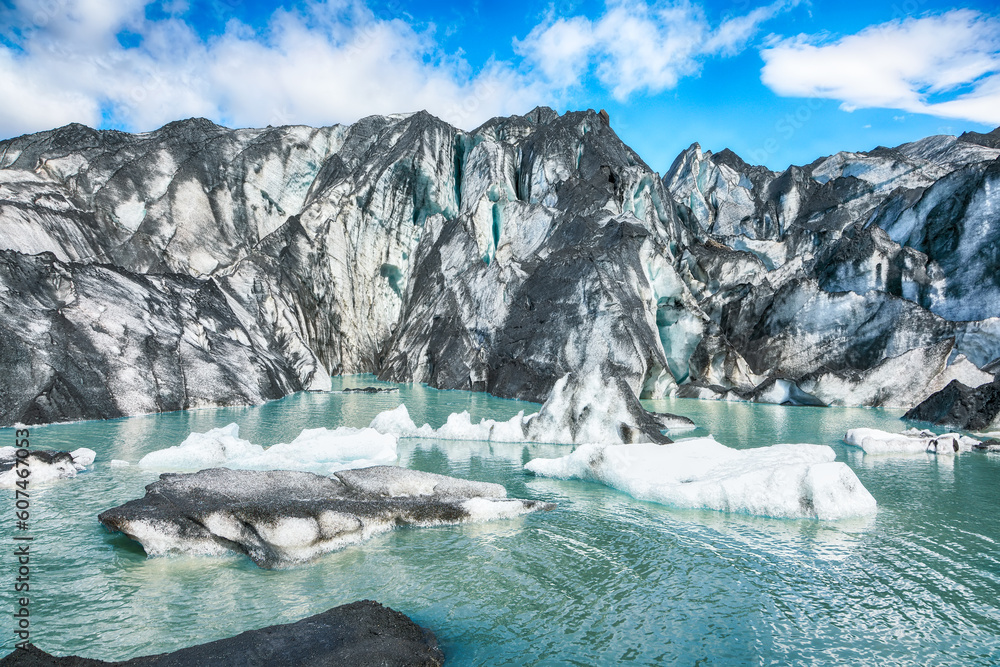Breathtaking view on Solheimajokull glacier in Katla Geopark on Icelandic Atlantic South Coast.