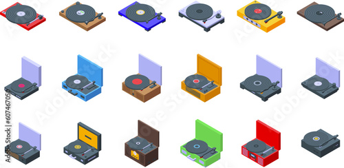 Vinyl player icons set isometric vector. Music record. Old technology