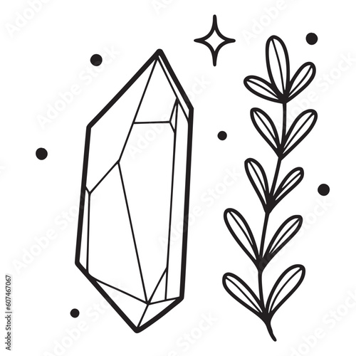 Hand drawn crystal with a magical herb, isolated vector illustration in line doodle style, isolated with white background