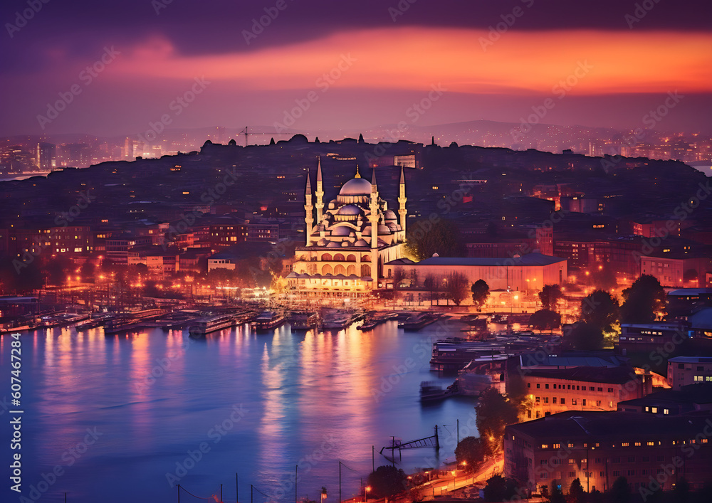 Istanbul City Wallpaper Silhouette View over the city at sea with view to mosque at sunrise night  Türkiye