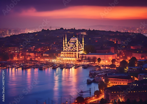 Istanbul City Wallpaper Silhouette View over the city at sea with view to mosque at sunrise night Türkiye