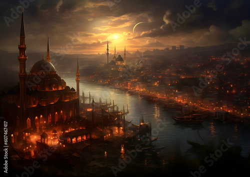 Istanbul City Wallpaper Silhouette View over the city at sea with view to mosque at sunrise Türkiye, turkey