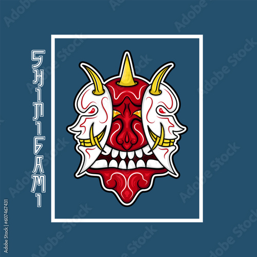 vector illustration of red oni demons between white shinigami mask.  traditional, Japanese style. used for decoration, mascot logo, clothing, print, t-shirt design