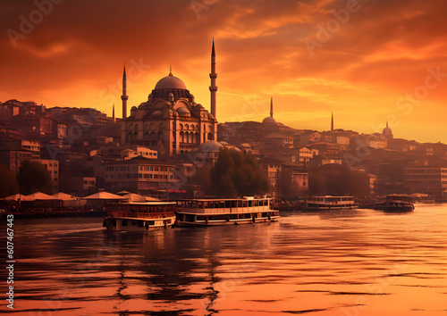 Istanbul City Wallpaper Silhouette View over the city at sea with view to mosque at sunrise Türkiye