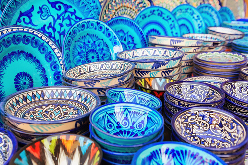 Traditional ceramics, typical handicraft souvenir in Khiva (Xiva) street market. Uzbekistan