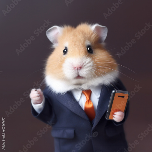 Serious and funny looking hamster in business suit holding a mobile, waist up corporate portrait over dark background