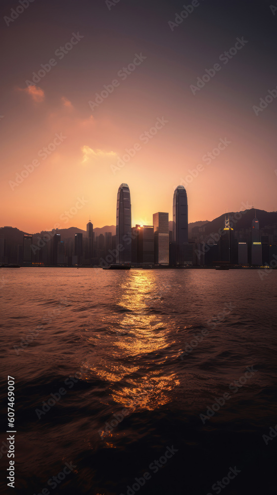 Hong Kong City Skyline from Avenue of Stars at Sunset