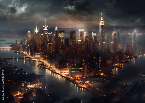ciNew york city skyline at night, nyc, over the sea 