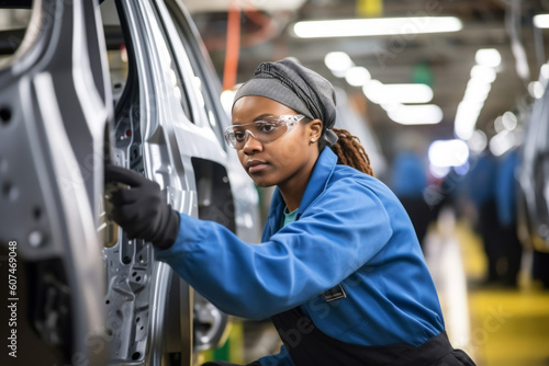 Confident female worker skillfully operating high-tech machinery in a modern automotive manufacturing setting, candid shot, generative ai