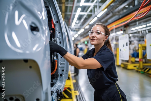Confident female worker skillfully operating high-tech machinery in a modern automotive manufacturing setting, candid shot, generative ai