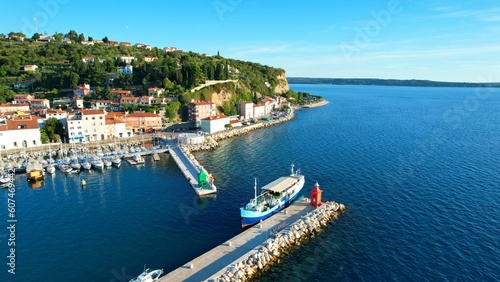 Piran - Slovenia - drone video An aerial view with the drone over the beautiful town of Piran