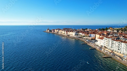 Piran - Slovenia - drone video An aerial view with the drone over the beautiful town of Piran