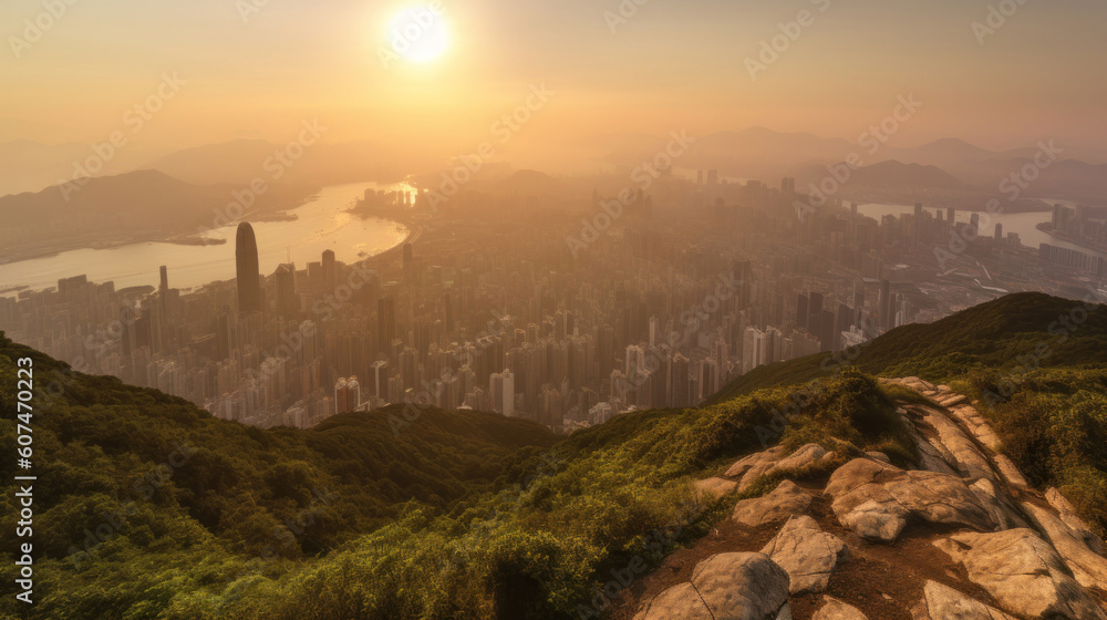 Hong Kong City Skyline seen from Kowloon Peak at Sunset