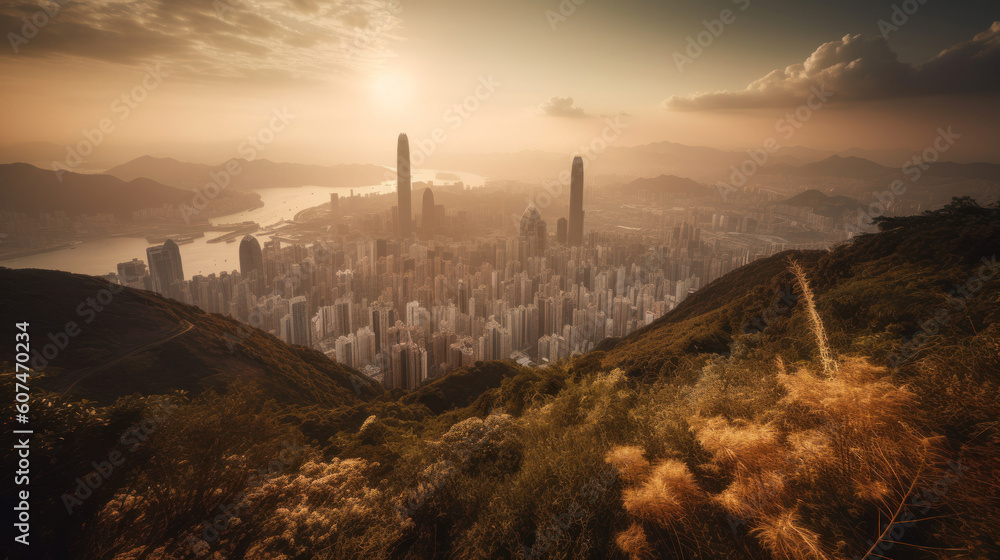Hong Kong City Skyline seen from Kowloon Peak at Sunset
