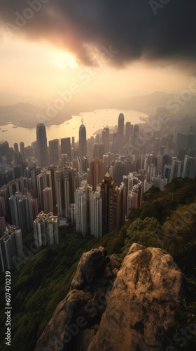 Hong Kong City Skyline seen from Kowloon Peak at Sunset