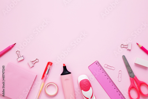 Set of stationery for work and study on pink background. Back to school. .Top view, flat lay, copy space