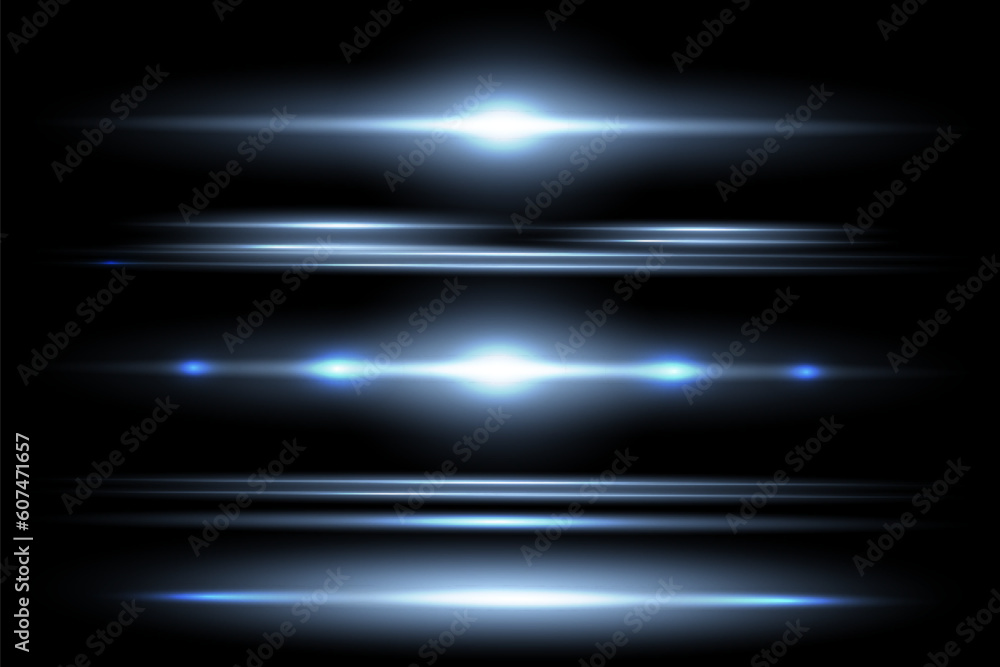 Blue horizontal lens flares pack. Laser beams, horizontal light rays.Beautiful light flares. Glowing streaks on dark background