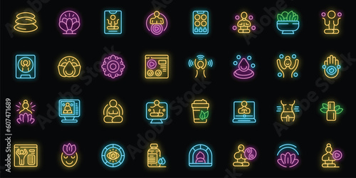 Online yoga training icons set outline vector. Yoga asana. Workout class neon color on black