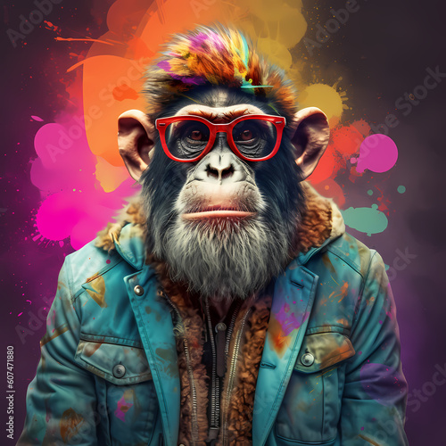Colourful abstract digital art image depicting a monkey dressed like a hipster. Generated AI © Mariusz