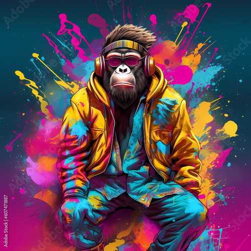Colourful abstract digital art image depicting a monkey dressed like a rapper. Generated AI