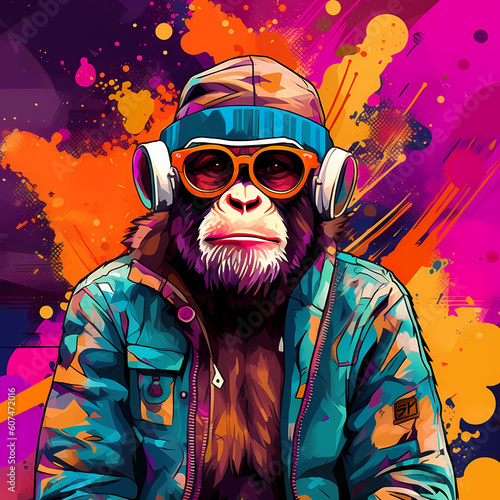 Colorful abstract digital art image depicting a monkey dressed like a rapper. Generated AI