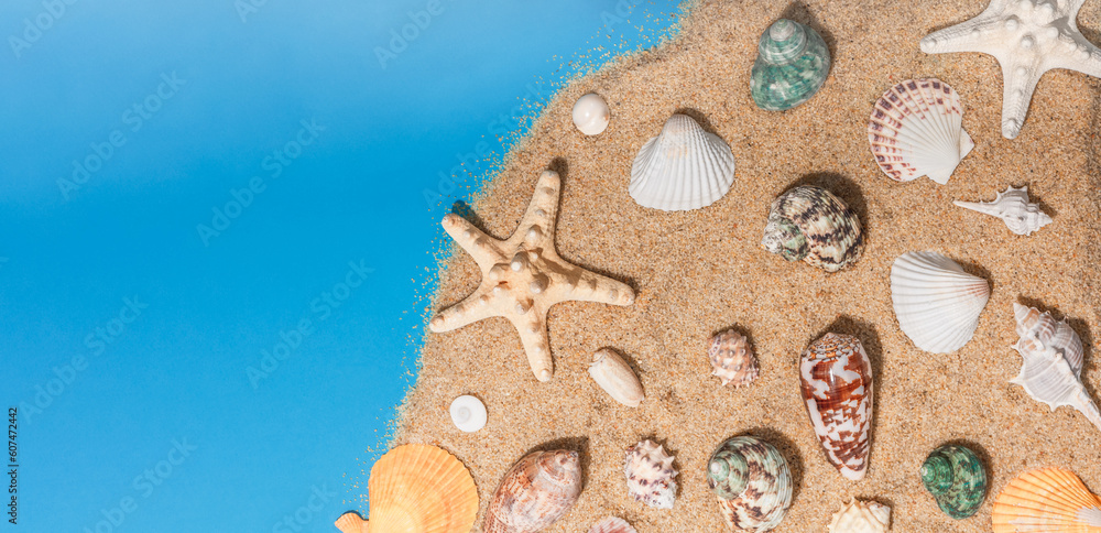 The concept of summer holidays at sea. Banner sandy summer background with seashells and starfish, place for text. The concept of summer holidays at sea. Banner sandy summer background with seashells and starfish, place for text.
