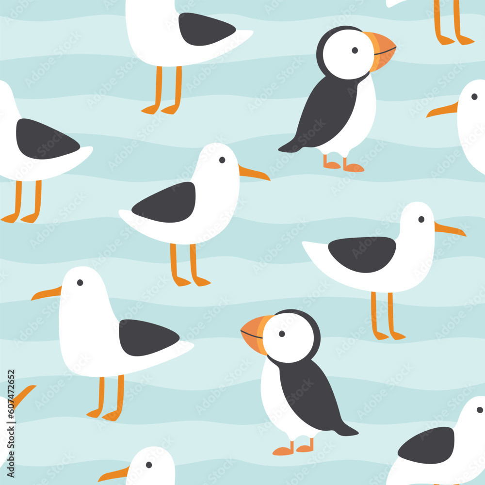 Obraz premium Seagulls and Puffin seamless pattern, vector illustration