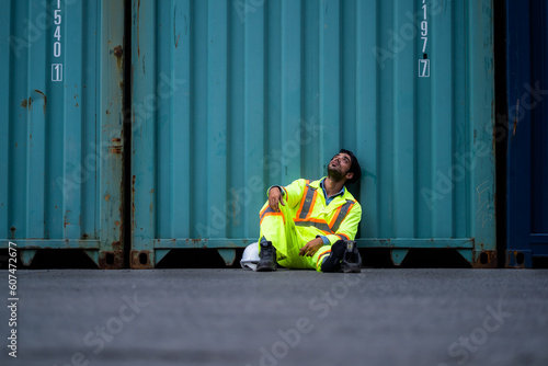 A white worker engineer sitting near a shipping container looks exhausted after working in the work area for a long time. He looks tired and sleepy or unemployed.