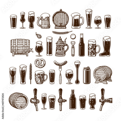 Big vintage set of beer objects. Various types of beer glasses and mugs, barrel, bottle, can opener. Vector illustration.