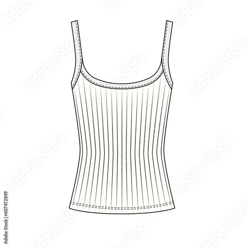 Vector pattern of a classic strappy tank top with a round neckline, white. Vector sketch of women's strappy undershirt.