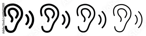Set of ear icons. Ear listening symbol. Hearing icon, music, audio, otology sign, anatomy and biology. Vector illustration.