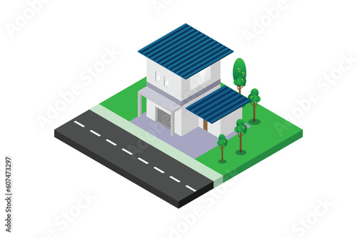 Flat 3d isometric creative modern two floor building block with garage info graphic concept. Build your own infographics world collection.