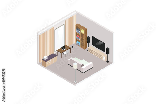 Vector isometric home rooms with furniture. Living room with sofa and tv, home office and bathroom