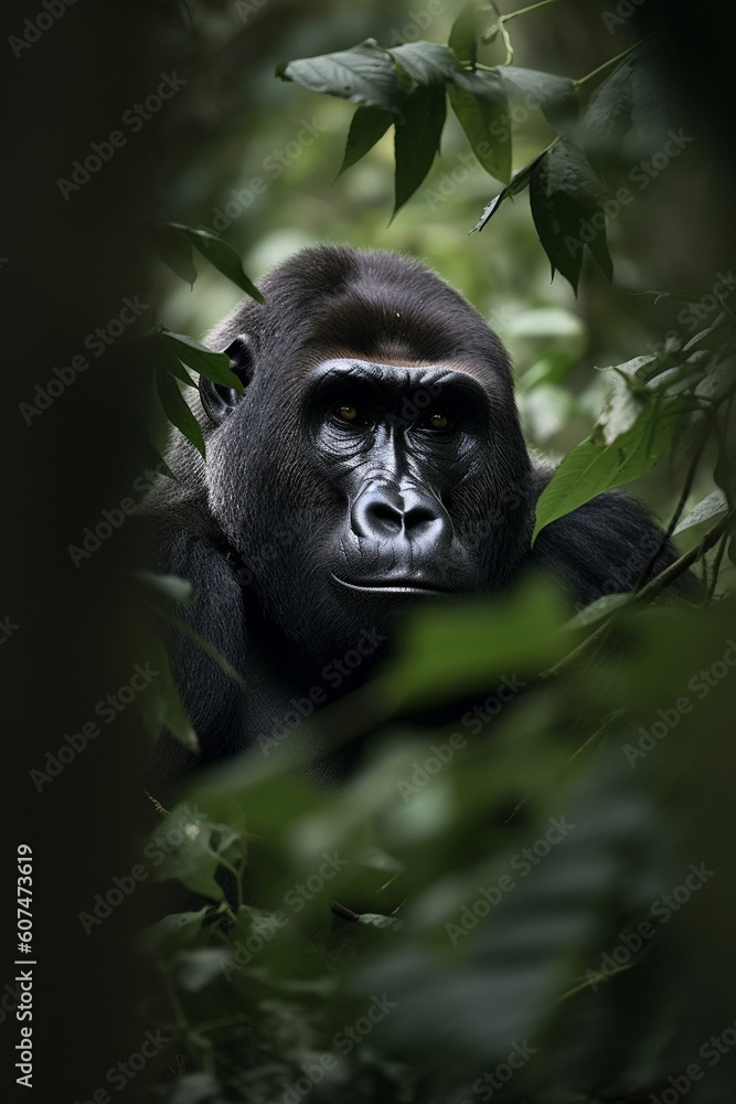 Gorilla head portrait seen trough jungle trees and lush leaves. Generative AI Gorilla head portrait seen trough jungle trees and lush leaves. Generative AI