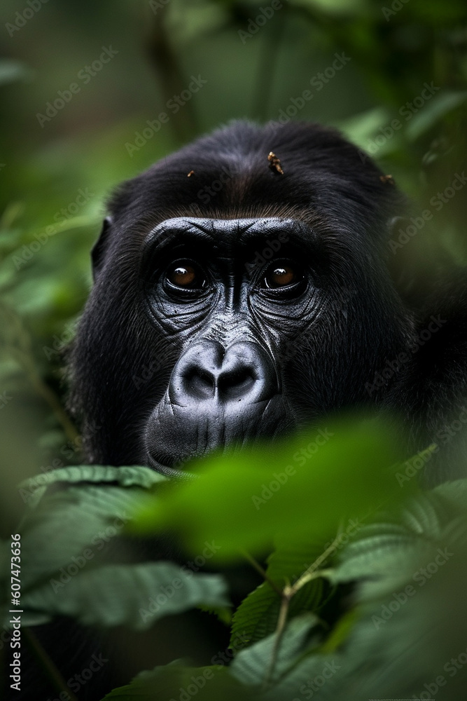 Gorilla head portrait seen trough jungle trees and lush leaves. Generative AI