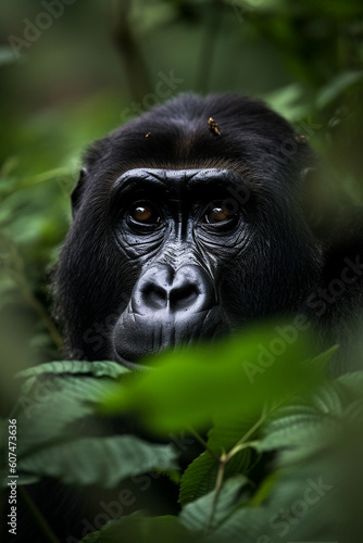 Gorilla head portrait seen trough jungle trees and lush leaves. Generative AI © marcin jucha