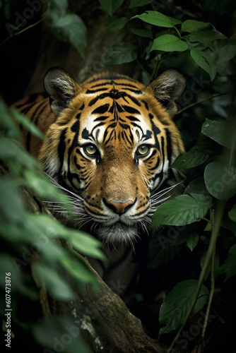 Tiger head portrait seen trough jungle trees and lush leaves. Generative AI © marcin jucha