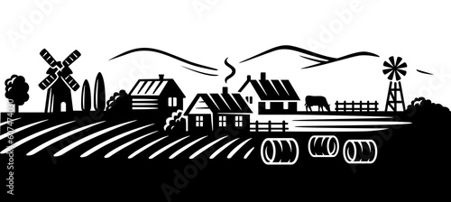 Farm and field black vector. Retro rural landscapes
