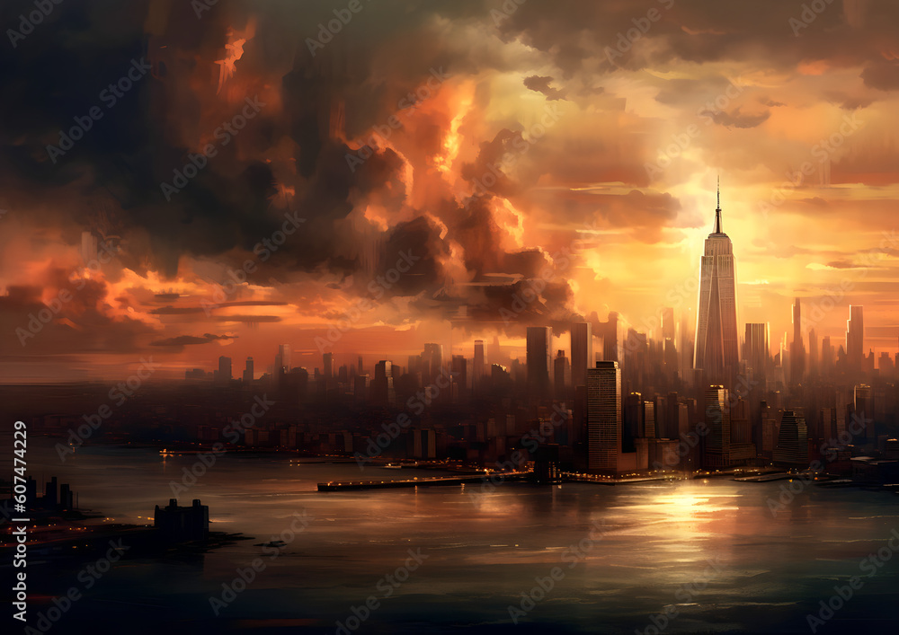 new york city skyline sunset over the river