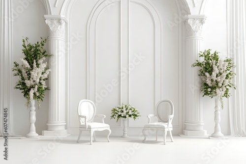 wedding backdrop aesthetic flower decoration indoor studio white background AI Generated