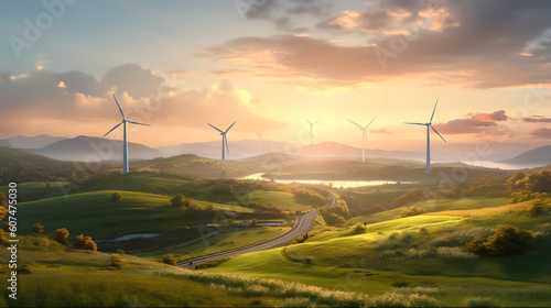 Wind turbines at the horizon in green rural landscape. Alternative renewable green energy
