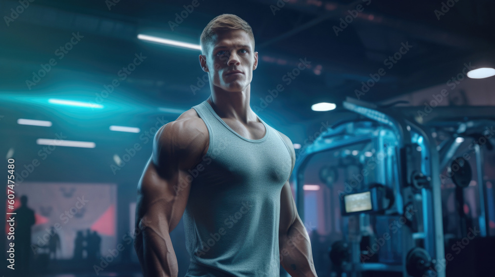 Muscular man in a tank top at a gym. Muscular man in a tank top at a gym.