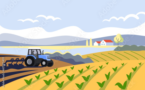 Rural landscape with tractor. Agriculture