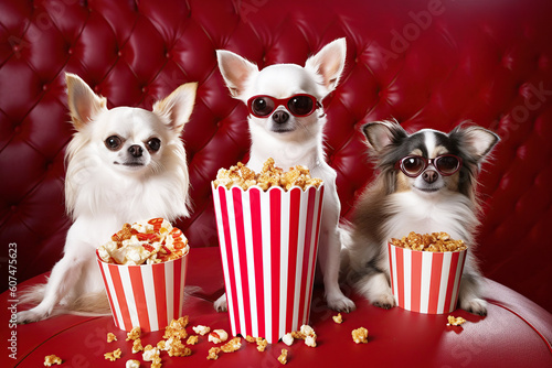 three dogs in the cinema atching a movie premiere. Recreation and television, a creative idea. Film screening, generative ai photo
