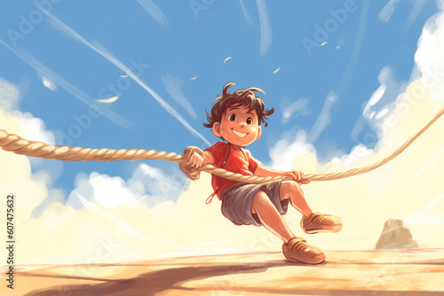 illustration of kid playing pull the rope and have fun laying on a sunny day made with Generative AI